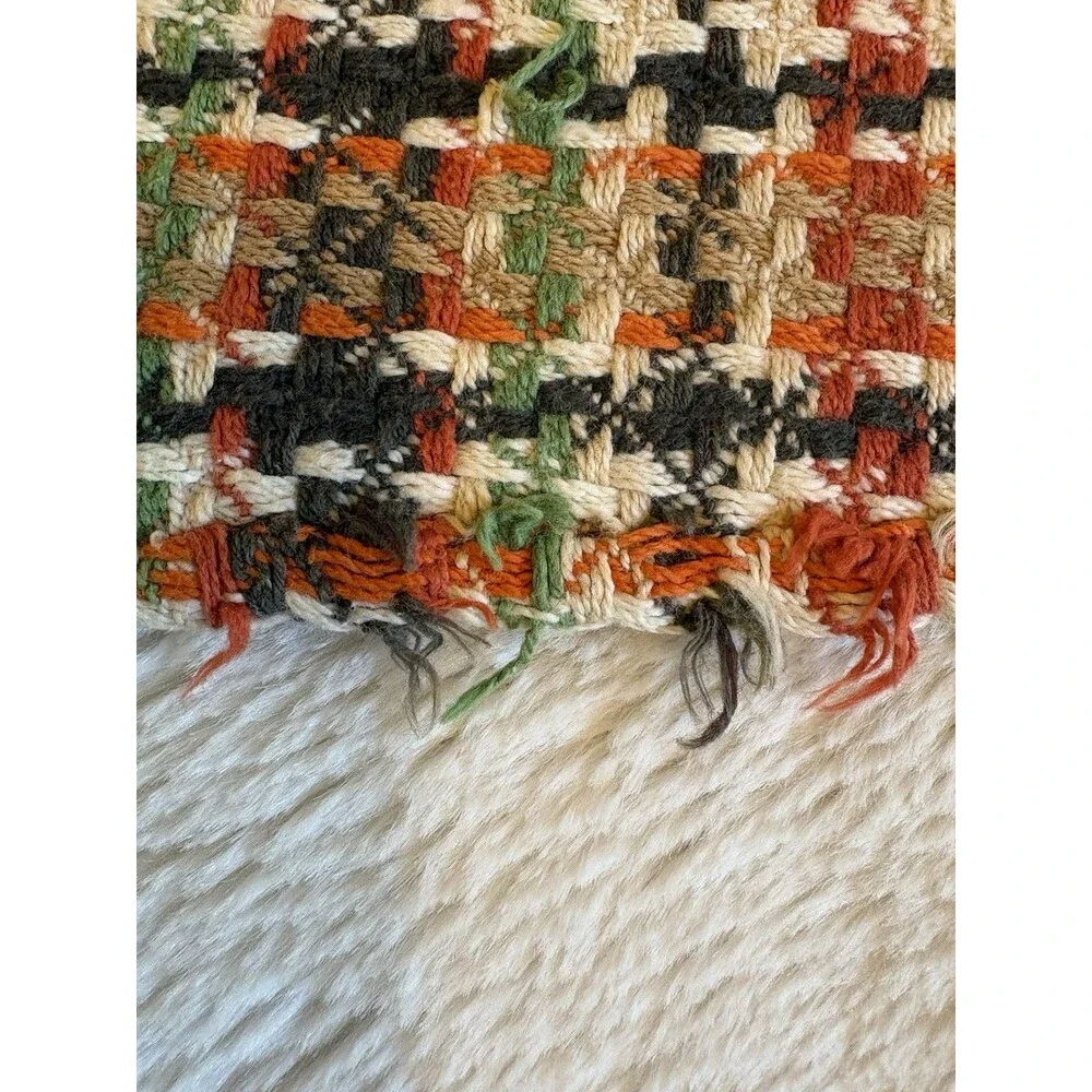 Vintage Woven Remnants Fabric Orange Yellow Green Brown Plaid MCM 2 Pieces